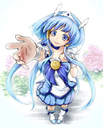Rule 34 | 10s, 1girl, aoki reika, blue dress, blue eyes, blue hair, blue skirt, boots, choker, cure beauty, dress, from above, hair tubes, head wings, knee boots, long hair, magical girl, matching hair/eyes, outstretched arm, precure, sidelocks, skirt, smile precure!, solo, tatami (loop), tiara, very long hair, wings, wrist cuffs