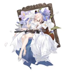 Rule 34 | 1girl, assault rifle, aug (blue meditation) (girls&#039; frontline), aug (girls&#039; frontline), bare legs, blue gemstone, breasts, bridal veil, bullpup, cello, closed eyes, dress, flower, flower request, full body, gem, girls&#039; frontline, gun, high heels, highres, instrument, jewelry, long hair, medium breasts, mole, mole under eye, necklace, no socks, official alternate costume, official art, parted bangs, pearl necklace, petal in mouth, picture frame, puffy short sleeves, puffy sleeves, rifle, ring, samail, short sleeves, simple background, sitting, solo, steyr aug, suppressor, third-party source, torn clothes, torn dress, transparent background, two-sided dress, two-sided fabric, veil, very long hair, weapon, wedding dress, white dress, white flower, white footwear, white hair