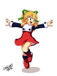 Rule 34 | 1girl, :d, artist name, blonde hair, blush, boots, commentary request, dated, dress, flat chest, frilled dress, frills, green eyes, green ribbon, hair ribbon, highres, jumping, knee boots, long hair, long sleeves, looking to the side, mega man (classic), mega man (series), open mouth, outstretched arms, ponytail, red dress, red footwear, ribbon, roll (mega man), satu, shadow, sidelocks, simple background, smile, solo, spread arms, teeth, white background