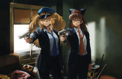 Rule 34 | 2girls, aj dandy, angry, artist request, blonde hair, blue necktie, breasts, brown hair, character request, couch, earrings, eyepatch, formal, glasses, gun, handgun, hat, highres, holding, holding weapon, jewelry, large breasts, long hair, meme, multiple girls, necktie, pistol, pointing, police hat, pulp fiction, red eyes, red necktie, room, serious, suit, twintails, weapon, window