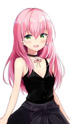 Rule 34 | 1girl, :d, bare arms, bare shoulders, black choker, black dress, black ribbon, blush, breasts, choker, cleavage, collarbone, commentary request, cross, cross earrings, dress, earrings, green eyes, hair between eyes, hair down, highres, hyurasan, jewelry, long hair, looking at viewer, open mouth, original, pink hair, ribbon, simple background, sleeveless, sleeveless dress, small breasts, smile, solo, upper body, virtual youtuber, white background
