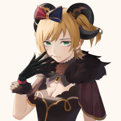 Rule 34 | 1girl, black gloves, black shirt, blonde hair, blue ribbon, bow, breasts, brown background, brown robe, brown sleeves, claws, cleavage, cleavage cutout, closed mouth, clothing cutout, curled horns, daiba nana, earrings, fangs, fangs out, flower, flower earrings, fur-trimmed gloves, fur collar, fur trim, gloves, gold trim, green eyes, guyijun, hair bow, hand up, highres, horns, jewelry, keyhole, looking at viewer, medium breasts, multicolored bow, neck flower, official alternate costume, red bow, ribbon, robe, rose, shirt, short hair, short sleeves, short twintails, shoujo kageki revue starlight, shoujo kageki revue starlight -re live-, simple background, solo, twintails, upper body