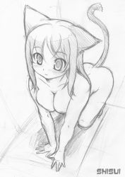 Rule 34 | 1girl, all fours, animal ears, artist name, blush, breasts, cat ears, cat tail, cleavage, foreshortening, graphite (medium), greyscale, monochrome, nude, original, perspective, shisui, solo, tail, traditional media