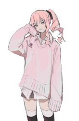 Rule 34 | 1other, akiyama mizuki, androgynous, arm at side, closed mouth, collared shirt, commentary request, hand up, highres, korean commentary, long hair, long sleeves, looking at viewer, pink eyes, pink hair, ponytail, project sekai, shirt, sidelocks, simple background, sleeves past fingers, sleeves past wrists, smile, sweater, szztzzs, thighs, white background