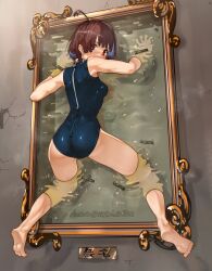Rule 34 | 1girl, ahoge, ass, bare legs, barefoot, brown eyes, brown hair, from behind, full body, glory wall, highres, koutetsujou no kabaneri, looking at viewer, looking back, mumei (kabaneri), one-piece swimsuit, restrained, short hair, solo, stuck, swimsuit, through wall, vorpal cotton