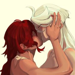 Rule 34 | 2girls, absurdres, blush, closed eyes, gundam, gundam suisei no majo, hand on another&#039;s face, highres, holding own arm, kiss, long hair, miorine rembran, multiple girls, nude, red hair, simple background, suletta mercury, tigris g w, upper body, white hair, yellow background, yuri