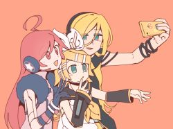 Rule 34 | 1ktrz1eee, 3girls, ahoge, android, aqua eyes, aqua nails, arm warmers, black collar, black shirt, black sleeves, blonde hair, blue gloves, bow, bracelet, collar, gloves, hair bow, hair ornament, hairclip, hand on another&#039;s head, headphones, holding, holding phone, index finger raised, jewelry, kagamine rin, lily (vocaloid), long hair, multiple girls, nail polish, orange background, phone, red eyes, red hair, sailor collar, selfie, sf-a2 miki, shirt, star (symbol), star print, sticker, swept bangs, upper body, vocaloid, white bow, white shirt