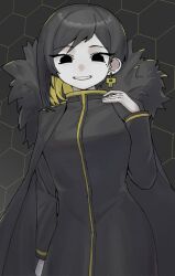 Rule 34 | 1girl, binah (project moon), black background, black cape, black dress, black eyes, black hair, cape, cowboy shot, dress, earrings, empty eyes, gold trim, grin, hand up, highres, hiperika, honeycomb (pattern), honeycomb background, jewelry, lobotomy corporation, long sleeves, looking at viewer, mole, mole under eye, multicolored hair, project moon, short hair, single earring, smile, solo, streaked hair