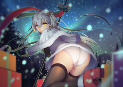 Rule 34 | 1girl, ass, bell, black gloves, black thighhighs, blurry, bow, box, capelet, closed mouth, depth of field, dress, elbow gloves, eyebrows, fate/grand order, fate (series), gift, gift box, gloves, hair bow, hair ribbon, headpiece, high heels, jeanne d&#039;arc (fate), jeanne d&#039;arc alter (fate), jeanne d&#039;arc alter santa lily (fate), leaning forward, leg up, long hair, looking at viewer, looking back, motion blur, night, night sky, outdoors, panties, pine tree, pole, ribbon, silver hair, sky, snowing, solo, star (symbol), thighhighs, tree, underwear, upskirt, wedgie, white dress, white panties, winter, xiaosan ye, yellow eyes