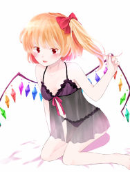 Rule 34 | 1girl, :d, arm support, babydoll, bed sheet, blonde hair, blush, bow, bra, breasts, cleavage, collarbone, flandre scarlet, floating hair, frilled bra, frills, hair bow, highres, lingerie, long hair, looking at viewer, nail polish, neck ribbon, negligee, open mouth, pink nails, purple bra, red bow, red eyes, red ribbon, ribbon, see-through, short hair with long locks, side ponytail, simple background, sitting, small breasts, smile, solo, touhou, underwear, underwear only, white background, wings, yurara (aroma42enola)