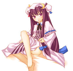 Rule 34 | 1girl, barefoot, crescent, feet, female focus, hat, long hair, nu (plastic eraser), patchouli knowledge, purple eyes, purple hair, solo, toes, touhou, undressing