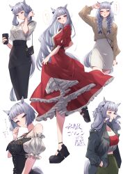 Rule 34 | 1girl, absurdres, alternate hairstyle, animal ears, bare shoulders, black jacket, blunt bangs, blush, bow, breasts, closed mouth, collarbone, dress, ear ornament, ear ribbon, finger to mouth, gold ship (umamusume), grey hair, hair ornament, highres, holding, horse ears, horse girl, horse tail, jacket, koroeda6, long hair, long sleeves, looking at viewer, medium breasts, open clothes, open jacket, open mouth, purple eyes, red dress, red sleeves, shirt, short dress, short hair, simple background, skirt, smile, solo, standing, tail, two-tone dress, umamusume, upper body, white background, white shirt