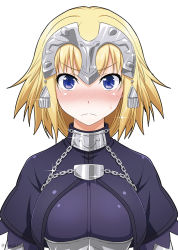 Rule 34 | &gt;:(, 1girl, blonde hair, blue eyes, blush, close-up, commentary request, fate/apocrypha, fate (series), frown, headpiece, jeanne d&#039;arc (fate), jeanne d&#039;arc (ruler) (fate), long hair, looking at viewer, simple background, solo, sparkle, sweat, tomokichi, twitter username, upper body, v-shaped eyebrows, white background