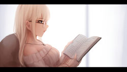 Rule 34 | 1girl, blue eyes, blurry, blurry background, book, breasts, closed mouth, commentary, cross, cross necklace, depth of field, glasses, holding, holding book, jewelry, letterboxed, long hair, long sleeves, looking away, medium breasts, necklace, off-shoulder sweater, off shoulder, open book, original, profile, reading, ribbed sweater, round eyewear, shimmer, sleeves past wrists, solo, sweater, symbol-only commentary, white hair, white sweater