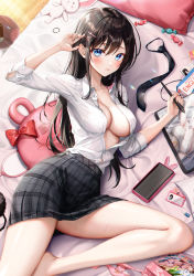 Rule 34 | 1girl, absurdres, arm up, bed, black hair, black skirt, blue eyes, cellphone, collared shirt, dress shirt, eichi (skskdi12z), hair ornament, hairclip, hand up, highres, long hair, long sleeves, looking at viewer, lying, miniskirt, on back, on bed, original, partially unbuttoned, phone, pillow, plaid, plaid skirt, pleated skirt, shirt, shirt tucked in, sidelocks, skirt, smartphone, solo, thighs, white shirt