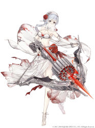 Rule 34 | 1girl, absurdres, barefoot, blood, blood on clothes, bow (weapon), bra, breasts, cleavage, crossbow, floating hair, flower, full body, grey eyes, hair flower, hair ornament, highres, holding, holding weapon, long hair, looking at viewer, midriff, red flower, see-through, sidelocks, silver hair, simple background, sinoalice, skirt, small breasts, solo, torn clothes, underwear, veil, weapon, white background, white bra, white skirt