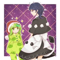 Rule 34 | 2girls, animal print, annoyed, apron, bad id, bad pixiv id, black skirt, blue eyes, blue hair, blush, capelet, closed mouth, cow tail, doremy sweet, frog hair ornament, frog print, green eyes, green hair, hair ornament, hat, kochiya sanae, looking at another, messy hair, multiple girls, nightcap, pajamas, pom pom (clothes), profile, skirt, smile, sparkle, standing, tail, tama (hiroshige 36), tapir tail, touhou, aged down