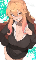 Rule 34 | 1girl, black shirt, blush, breasts, character request, cleavage, copyright request, english text, hair between eyes, hand on own hip, highres, large breasts, lips, lipstick, long hair, makeup, makingtawawa, mole, mole on breast, orange eyes, orange hair, shirt, smile, solo