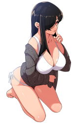 Rule 34 | 1girl, bikini, black hair, black jacket, breasts, cleavage, collarbone, covered erect nipples, earrings, finger to mouth, fingernails, full body, hair over one eye, halterneck, hand to own mouth, highres, index finger raised, jacket, jewelry, kneeling, large breasts, lips, long fingernails, long hair, looking at viewer, nail polish, nose, open clothes, open jacket, original, pink nails, red eyes, secretbusiness, seiza, shushing, side-tie bikini bottom, sidelocks, simple background, sitting, solo, stud earrings, swimsuit, white background, white bikini