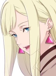 Rule 34 | 1girl, blonde hair, blue eyes, earrings, gigi andalusia, gundam, gundam hathaway&#039;s flash, jewelry, kiikii (kitsukedokoro), long hair, looking at viewer, open mouth, pink lips, portrait, simple background, solo, straight hair, upper body, white background
