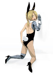Rule 34 | 1boy, against wall, ahoge, animal ears, ass, blonde hair, cosplay, crossdressing, detached collar, edward elric, fake animal ears, fishnet pantyhose, fishnets, fullmetal alchemist, high heels, kneeling, leotard, looking back, male focus, mechanical arms, open mouth, pantyhose, patterned legwear, playboy bunny, rabbit ears, rabbit tail, shoes, single mechanical arm, solo, strapless, tail, wrist cuffs, yellow eyes