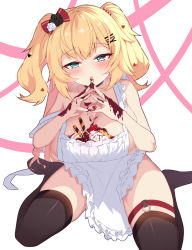 Rule 34 | 1girl, :o, akai haato, apron, bare arms, bare shoulders, black choker, black flower, blonde hair, blush, bow, breasts, brown thighhighs, chocolate, chocolate on body, chocolate on breasts, choker, cleavage, collarbone, eating, fang, flower, food, food on body, fruit, green eyes, hair bow, hair flower, hair ornament, hairclip, half-closed eyes, hands up, head tilt, heart, heart hair ornament, heart necklace, highres, hololive, jewelry, large breasts, legwear garter, long hair, looking at viewer, naked apron, necklace, off shoulder, red bow, rose, shiny skin, sidelocks, sitting, skin fang, skindentation, solo, steepled fingers, strawberry, thighhighs, two side up, virtual youtuber, wafer, wafer stick, wariza, whipped cream, white apron, white background, white flower, yuruto