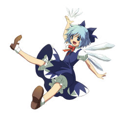 Rule 34 | 1girl, absurdres, arm up, bloomers, blue dress, blue eyes, blue hair, bow, brown footwear, cirno, dress, full body, hair bow, highres, ice, ice wings, official art, open mouth, puffy sleeves, short hair, short sleeves, simple background, solo, touhou, underwear, white background, wings