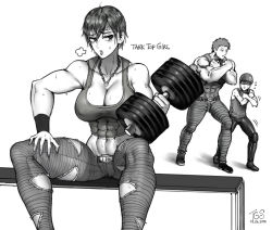 Rule 34 | 1girl, 2boys, abs, breasts, cleavage, greyscale, highres, jealous, large breasts, monochrome, multiple boys, mumen rider, muscular, muscular female, one-punch man, tank top, tanktop girl, tanktop master, the golden smurf