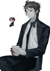 Rule 34 | 1boy, alternate costume, black jacket, black necktie, black pants, braid, brown hair, burn scar, chibi, chinese commentary, closed mouth, collared shirt, commentary request, cup, harada minoru, highres, holding, holding cup, invisible chair, jacket, kyoko (akakikyoko), long sleeves, male focus, necktie, open clothes, open jacket, pants, saibou shinkyoku, scar, scar on face, scar on forehead, scar on hand, shirt, side braid, simple background, single braid, sitting, smile, white background, white shirt