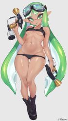 Rule 34 | 1girl, :p, bikini, black bikini, black footwear, boots, breasts, cameltoe, character request, cleft of venus, colored tongue, covered erect nipples, dark-skinned female, dark skin, full body, gluteal fold, goggles, goggles on head, green tongue, head tilt, highres, holding, holding weapon, inkling, inkling girl, inkling player character, jtveemo, long hair, looking at viewer, mask, medium breasts, micro bikini, navel, nintendo, pointy ears, shiny skin, skindentation, smile, solo, splatoon (series), squid, standing, stomach, swimsuit, tentacle hair, tongue, tongue out, twitter username, underboob, very long hair, weapon
