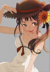 Rule 34 | 1girl, bad id, bad twitter id, bare shoulders, blush, breasts, brown eyes, brown hair, cleavage, flower, hand on headwear, hat, himaro, long hair, looking at viewer, medium breasts, original, ponytail, ribbon, smile, solo, strapless, straw hat, sweat, sweatdrop, tan, tanline, tongue, tongue out