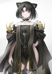 Rule 34 | 1girl, absurdres, animal ears, arknights, bare shoulders, black choker, black dress, black hair, breasts, cat ears, cat girl, cat tail, choker, collarbone, cowboy shot, dress, hair ornament, hand on own hip, highres, looking at viewer, mandragora (arknights), no panties, nopetroto, off-shoulder dress, off shoulder, parted bangs, parted lips, short hair, simple background, small breasts, solo, standing, tail, thighhighs, white background, yellow eyes