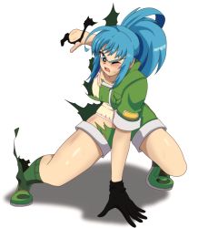 Rule 34 | 1girl, angry, aqua eyes, aqua hair, battle, blush, breasts, camisole, clenched hand, euf-dreamer, female focus, fighting stance, fingernails, full body, gloves, green footwear, green jacket, green shirt, green shorts, hand on ground, hand up, highres, jacket, legs, leona heidern, long hair, matching hair/eyes, neck, one eye closed, open mouth, outstretched arms, panties, ponytail, shiny clothes, shiny skin, shirt, shoes, shorts, sidelocks, simple background, small breasts, sneakers, socks, spread arms, spread legs, the king of fighters, thighs, tiptoes, tomboy, torn clothes, torn gloves, torn shirt, torn shorts, underwear, white background, yellow camisole, yellow panties