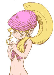 Rule 34 | 1girl, ape, bad id, bad pixiv id, beret, blonde hair, bottomless, dixie kong, donkey kong (series), donkey kong country, donkey kong country 2, earrings, flat chest, hat, jewelry, long hair, myojing, navel, nintendo, one eye closed, out-of-frame censoring, personification, ponytail, solo, tank top, tears, wink