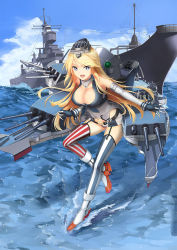 Rule 34 | 10s, 1girl, american flag legwear, battleship, blonde hair, blue eyes, breasts, ccjn, cleavage, elbow gloves, fingerless gloves, front-tie top, garter straps, gloves, historical name connection, iowa (kancolle), kantai collection, large breasts, long hair, looking at viewer, machinery, military, military vehicle, miniskirt, name connection, object namesake, open mouth, panties, pantyshot, ship, skirt, smile, solo, standing, star-shaped pupils, star (symbol), striped clothes, striped thighhighs, symbol-shaped pupils, thighhighs, underwear, uss iowa (bb-61), vertical stripes, warship, water, watercraft