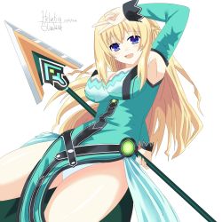 Rule 34 | 1girl, absurdres, arm up, artist name, blonde hair, blush, breasts, cleavage, detached collar, detached sleeves, dress, female focus, green outfit, helvetica std, highres, holding, holding weapon, lance, large breasts, long hair, looking at viewer, neptune (series), polearm, sidelocks, simple background, smile, solo, thighs, v, vert (neptunia), very long hair, weapon, white background