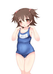Rule 34 | 1girl, akagi miria, arms up, blue one-piece swimsuit, blush, breasts, brown eyes, brown hair, covered navel, gluteal fold, hair bobbles, hair ornament, hands on own shoulders, highres, hosizora mikoto, idolmaster, idolmaster cinderella girls, name tag, old school swimsuit, one-piece swimsuit, open mouth, school swimsuit, short hair, simple background, small breasts, solo, swimsuit, thigh gap, thighs, two side up, white background