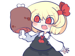 Rule 34 | 1girl, ascot, black skirt, black vest, blonde hair, blush, boned meat, chahan (fried rice0614), chibi, collared shirt, drooling, fangs, food, frilled shirt collar, frills, hand up, holding, holding food, hungry, long sleeves, looking at object, meat, mouth drool, open mouth, outstretched arm, puffy sleeves, red ascot, red eyes, red ribbon, ribbon, rumia, shirt, short hair, simple background, skirt, solo, touhou, vest, white background, white shirt
