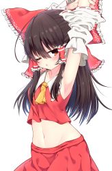 Rule 34 | 1girl, ;o, ahoge, armpits, arms up, ascot, blush, bow, commentary request, cowboy shot, detached sleeves, frilled bow, frilled shirt collar, frills, hair between eyes, hair bow, hakurei reimu, highres, large bow, long hair, long sleeves, looking at viewer, midriff, navel, one eye closed, open mouth, rankasei, red bow, red eyes, red shirt, red skirt, ribbon-trimmed sleeves, ribbon trim, shirt, simple background, skirt, solo, stomach, straight hair, touhou, very long hair, white background, white sleeves, yellow ascot