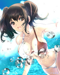 Rule 34 | 1girl, bikini, blue sky, blurry, breasts, brown eyes, brown hair, cloud, cowboy shot, day, depth of field, water drop, ena (hui jia), kantai collection, large breasts, liquid, looking at viewer, open mouth, outdoors, sendai (kancolle), short hair, sky, smile, solo, swimsuit, twitter username, two-tone bikini, two side up