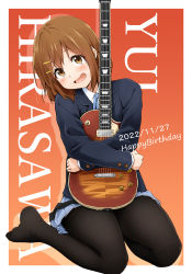 Rule 34 | 1girl, :d, black pantyhose, blazer, blue jacket, blue ribbon, blush, brown eyes, brown hair, character name, collared shirt, commentary request, dated, electric guitar, full body, grey skirt, guitar, hair ornament, hairclip, happy birthday, highres, hirasawa yui, holding, holding instrument, instrument, jacket, k-on!, kagiana, long sleeves, looking at viewer, neck ribbon, hugging object, open mouth, pantyhose, pleated skirt, ribbon, sakuragaoka high school uniform, school uniform, seiza, shirt, short hair, sitting, skirt, smile, solo, white shirt, winter uniform