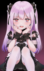 Rule 34 | 1girl, :d, absurdres, bad id, bad pixiv id, bare shoulders, black dress, blush, commentary, dress, earrings, eyebrows hidden by hair, fang, hair between eyes, hands up, highres, hololive, jewelry, kayanogura, knees up, long hair, looking at viewer, nail polish, off-shoulder dress, off shoulder, open mouth, pink hair, red eyes, red nails, sitting, skull earrings, smile, solo, thighhighs, two side up, uruha rushia, uruha rushia (3rd costume), very long hair, virtual youtuber, white thighhighs, wrist cuffs