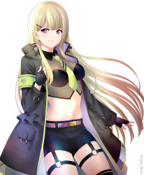 Rule 34 | 1girl, absurdres, arm at side, armband, artist name, assault lily, belt, belt buckle, black coat, black gloves, black shorts, black thighhighs, blonde hair, blunt bangs, blunt ends, breasts, buckle, closed mouth, coat, collared shirt, commentary, cowboy shot, crop top, fingerless gloves, floating hair, gloves, hair behind ear, hair ornament, hairclip, hand up, heart, high collar, highres, ikumi takumi, light smile, long hair, long sleeves, looking at viewer, medium breasts, midriff, miyagawa takane, navel, necktie, o-ring, official alternate costume, open clothes, open coat, pocket, purple belt, purple eyes, shirt, short shorts, shorts, sidelocks, simple background, solo, standing, stomach, thighhighs, two-sided coat, two-sided fabric, very long hair, white background, yellow necktie