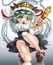 Rule 34 | 1girl, aqua eyes, female focus, gluteal fold, green hair, hand to head, hat, hat ribbon, looking at viewer, mikoma sanagi, no panties, no socks, open mouth, outstretched arm, ribbon, rod of remorse, shiki eiki, shirt, skirt, solo, squatting, touhou, vest