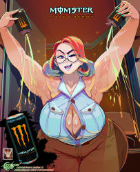 Rule 34 | 1girl, armpits, arms up, breasts, cleavage, crystalcheese (artist), earrings, energy drink, freckles, glasses, highres, huge breasts, jewelry, large breasts, monster energy, nail polish, plump, red eyes, sharp teeth, shirt, sleeveless, sleeveless shirt, tagme, teeth, wet, wide hips