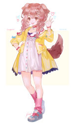 Rule 34 | animal collar, animal ears, aubz, blue bow, bone hair ornament, bow, bracelet, braid, brown eyes, brown hair, buttons, character name, collar, dog ears, dog girl, dog tail, dress, hair between eyes, hair ornament, hairclip, heart, hololive, inugami korone, inugami korone (1st costume), jacket, jewelry, long hair, loose socks, low twin braids, off shoulder, red bow, red collar, red socks, shoes, short dress, signature, sneakers, socks, solo, tail, twin braids, virtual youtuber, waving, white background, white dress, yellow jacket