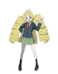Rule 34 | 1girl, absurdres, antenna hair, black jacket, black socks, blonde hair, blue eyes, blush, brown footwear, collared shirt, commentary request, full body, green skirt, hair intakes, hand on own hip, hand up, highres, hikimayu, jacket, kakuriyo rei, kuroshio current, legs apart, loafers, long hair, long sleeves, looking at viewer, necktie, open mouth, pleated skirt, red necktie, school uniform, shirt, shoes, simple background, skirt, smile, socks, solo, standing, tachi-e, toudouin mana, two side up, white background