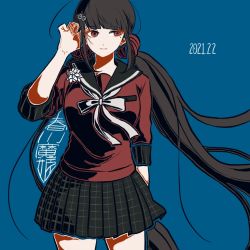 Rule 34 | 1girl, black hair, blue background, blunt bangs, breasts, commentary request, cowboy shot, danganronpa (series), danganronpa v3: killing harmony, dated, green outline, hair ornament, hairclip, hand in own hair, hand up, harukawa maki, kiri (2htkz), long hair, long sleeves, looking at viewer, low twintails, miniskirt, mole, mole under eye, outline, plaid, plaid skirt, pleated skirt, red eyes, red scrunchie, red shirt, school uniform, scrunchie, serafuku, shirt, simple background, skirt, smile, solo, standing, translation request, twintails, very long hair
