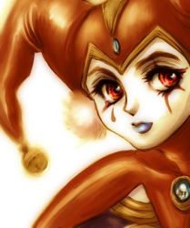 Rule 34 | 1girl, brooch, chrono (series), chrono cross, facepaint, gem, hat, jester cap, jewelry, light smile, lips, lipstick, looking at viewer, lowres, makeup, pom pom (clothes), red eyes, solo, tassel, teardrop tattoo, harle (chrono cross), upper body