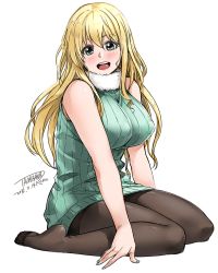 Rule 34 | 10s, 1girl, :d, artist name, atago (kancolle), black pantyhose, blonde hair, breasts, covered erect nipples, female focus, fingernails, fur collar, green eyes, highres, impossible clothes, impossible sweater, kantai collection, large breasts, long hair, nail polish, no shoes, open mouth, pantyhose, ribbed sweater, signature, sitting, sketch, sleeveless, sleeveless turtleneck, smile, solo, sweater, tachibana roku, thighband pantyhose, turtleneck, wariza
